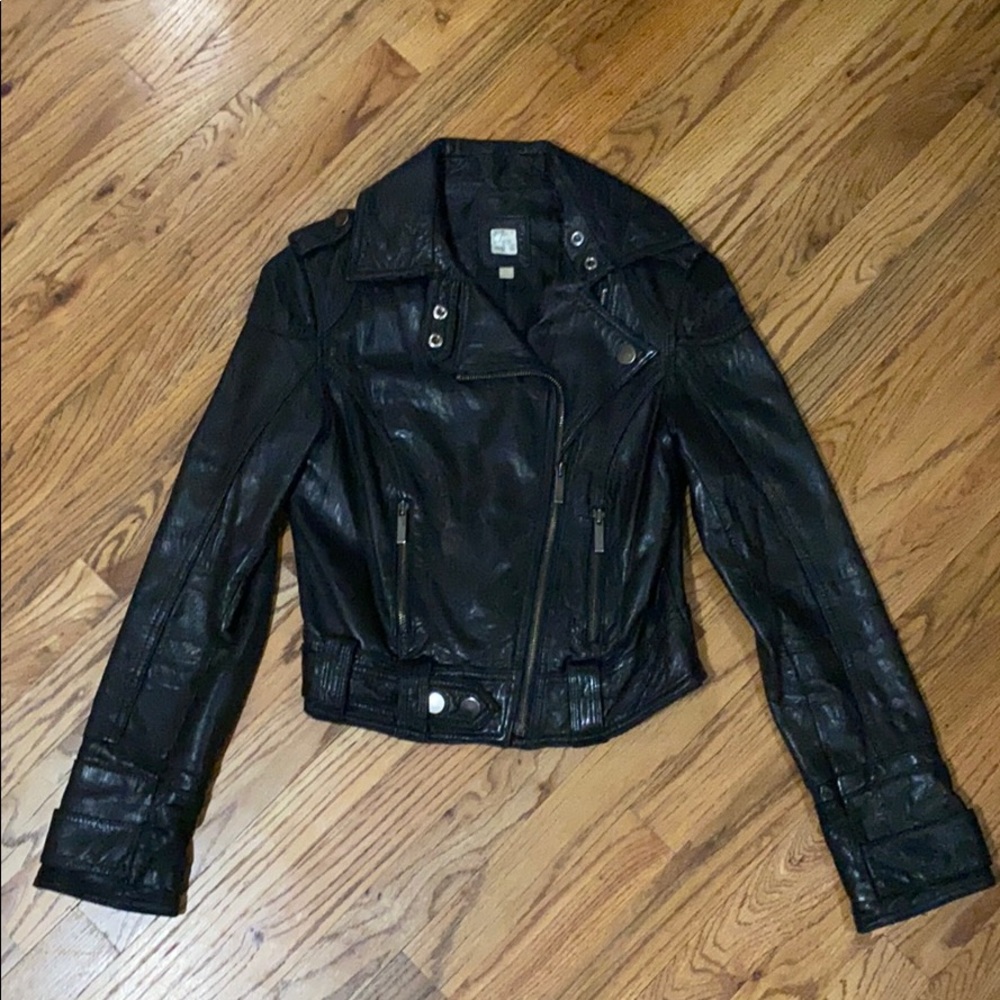 Aqua black genuine leather biker jacket - size XS